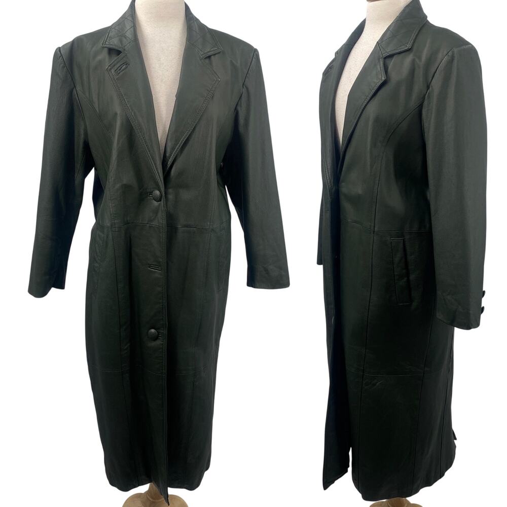 Vintage 80s 90s Longline Leather Jacket Collared Button Front Trench Dark Green